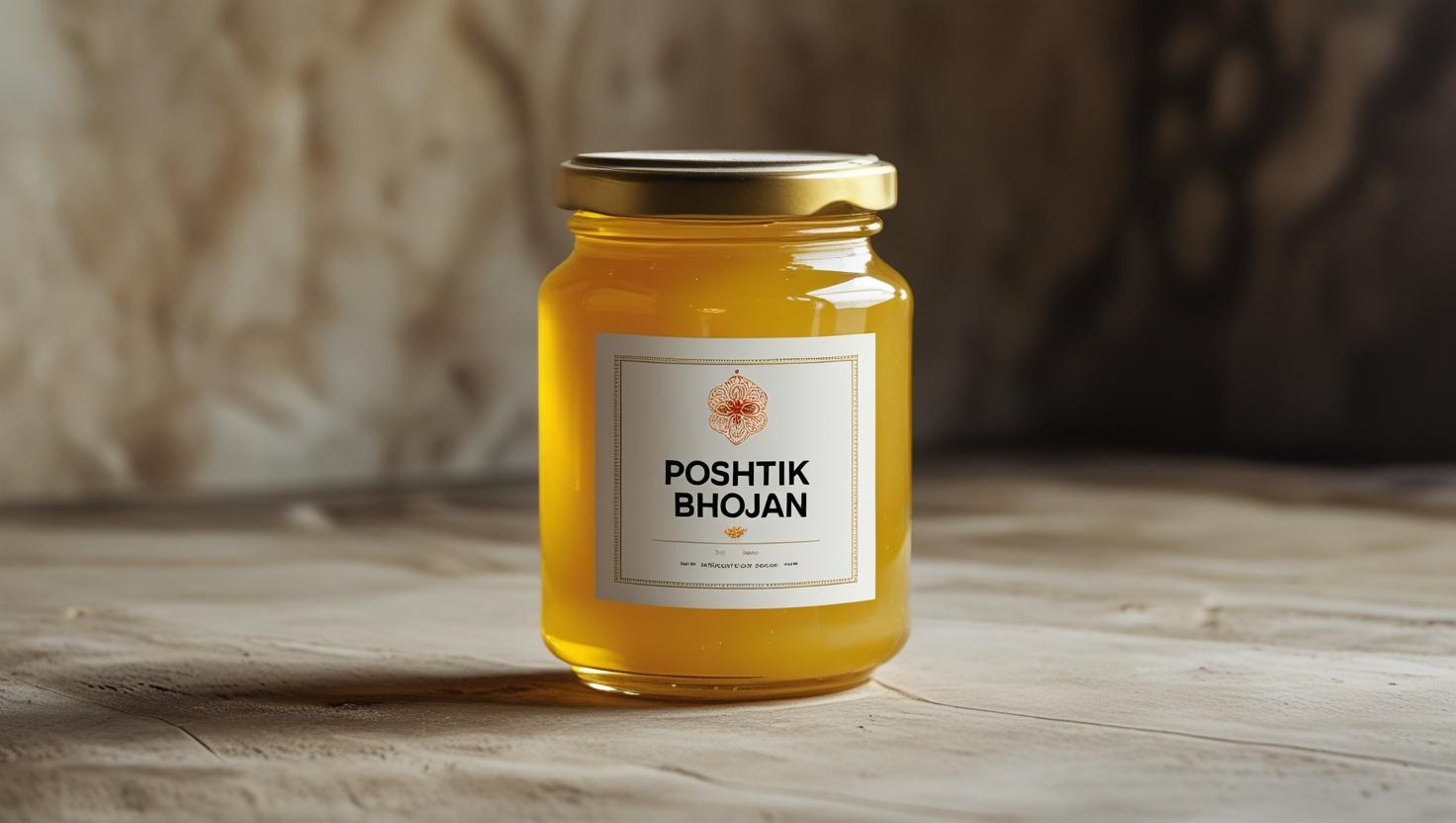 generate a photo of ghee jar with label of poshtik bhojan